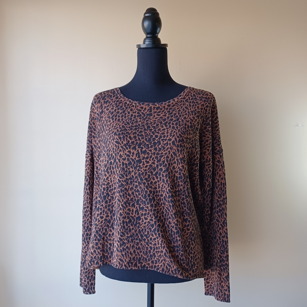 Garnet Hill Silk Cotton Blend Coffee & Black Leopard Oversized Sweater